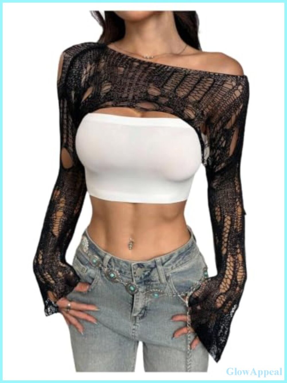 Off Shoulder Crochet Bolero Shrug Distressed Crop Top Long Bell Sleeve